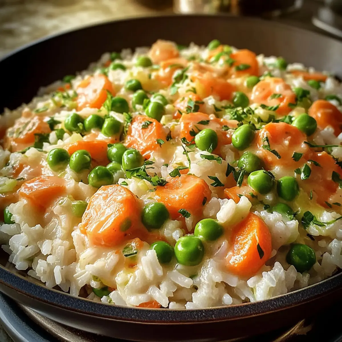 REIS MIT CREMIGEM KAROTTEN-ERBSEN-GEMÜSE